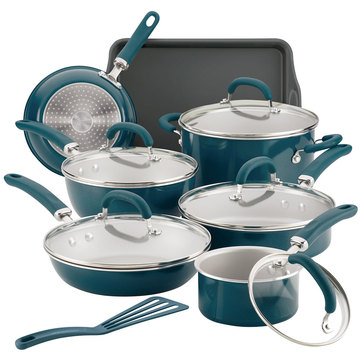 Rachael Ray Create 13-Piece Porcelain Cookware Set, Teal Shimmer
