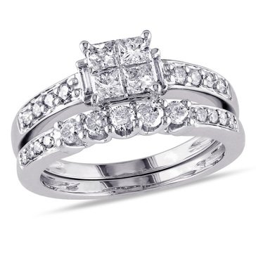 14K White Gold 1 CT TW Princess and Baguette-Cut Diamond Bridal Set