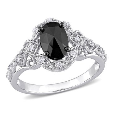 10K White Gold 1 CT TW Oval-Cut Black and White Diamond Filigree Engagement Ring