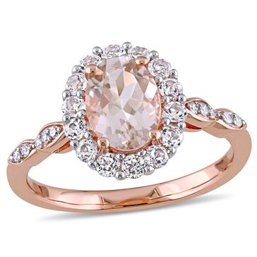 14K Rose Gold 1 3/4 CT TGW Oval-Cut Morganite, White Topaz and Diamond-Accent Halo Ring