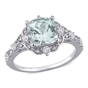 14K White Gold 2 3/5 CT TGW Cushion-Cut Aquamarine, White Sapphire and Diamond-Accent Ring