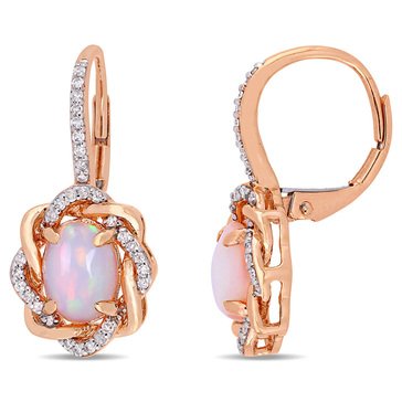 10K Rose Gold 1 1/2 CT TGW Blue Ethiopian Opal and 1/4 CT TW Diamond Twisted Halo Earrings